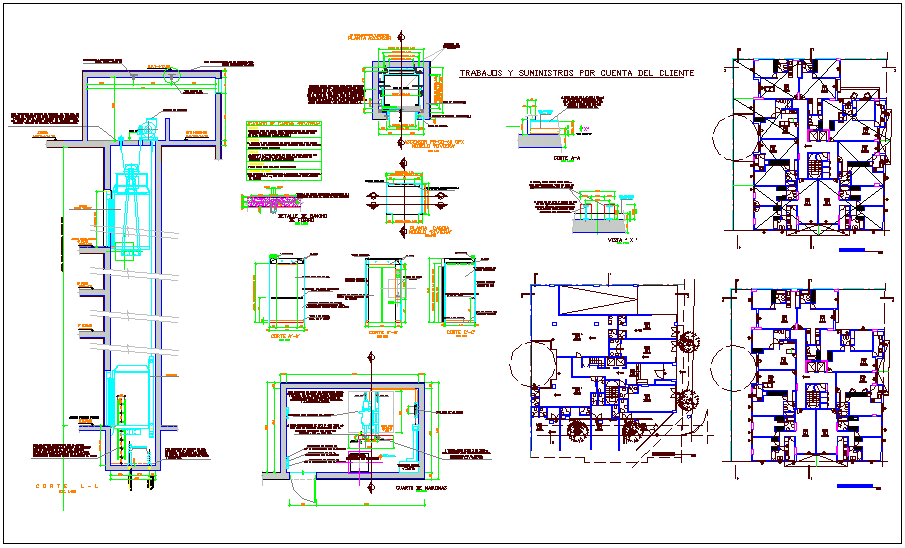 Residential and commercial space 4 story plan and section view with ...