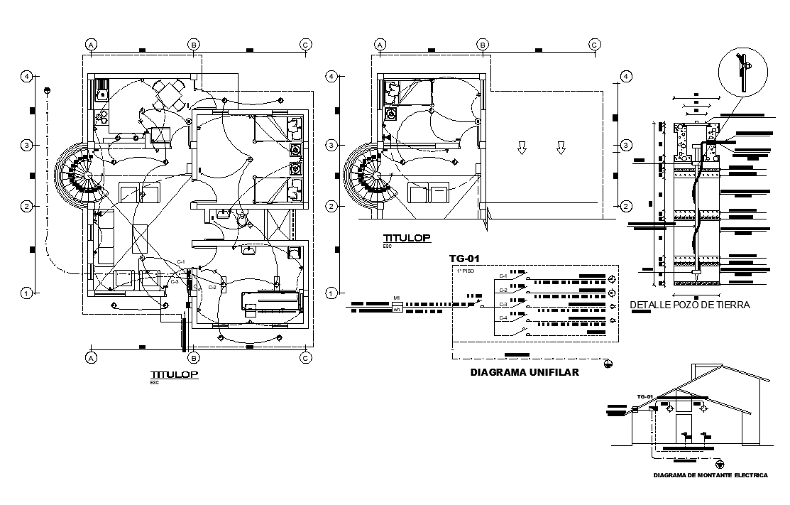 Residential building earthing wire connection detail layout plan - Cadbull