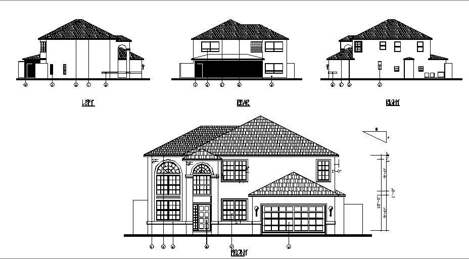 Residential House All Sided Sectional Elevation Dwg File Cadbull