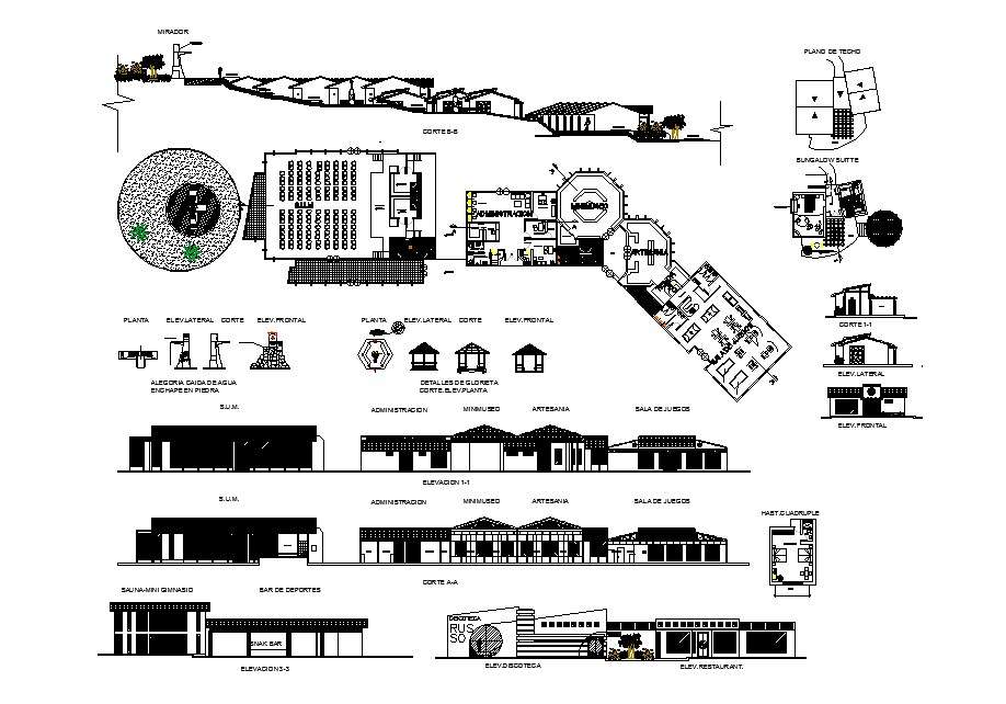 Resort elevation, section, floor plan, plan and autocad