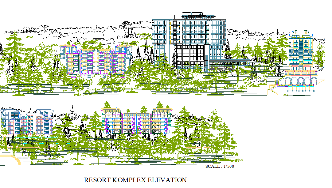 Resort Front Elevation Dwg File Cadbull