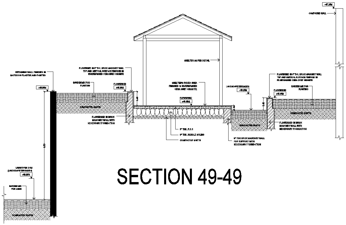 Retaining wall section with detail of shelter and flowerbed detail DWG ...