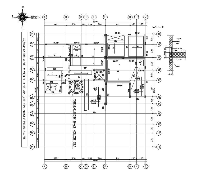 Roof beam layout of 38x40m villa plan is given in this Autocad drawing ...