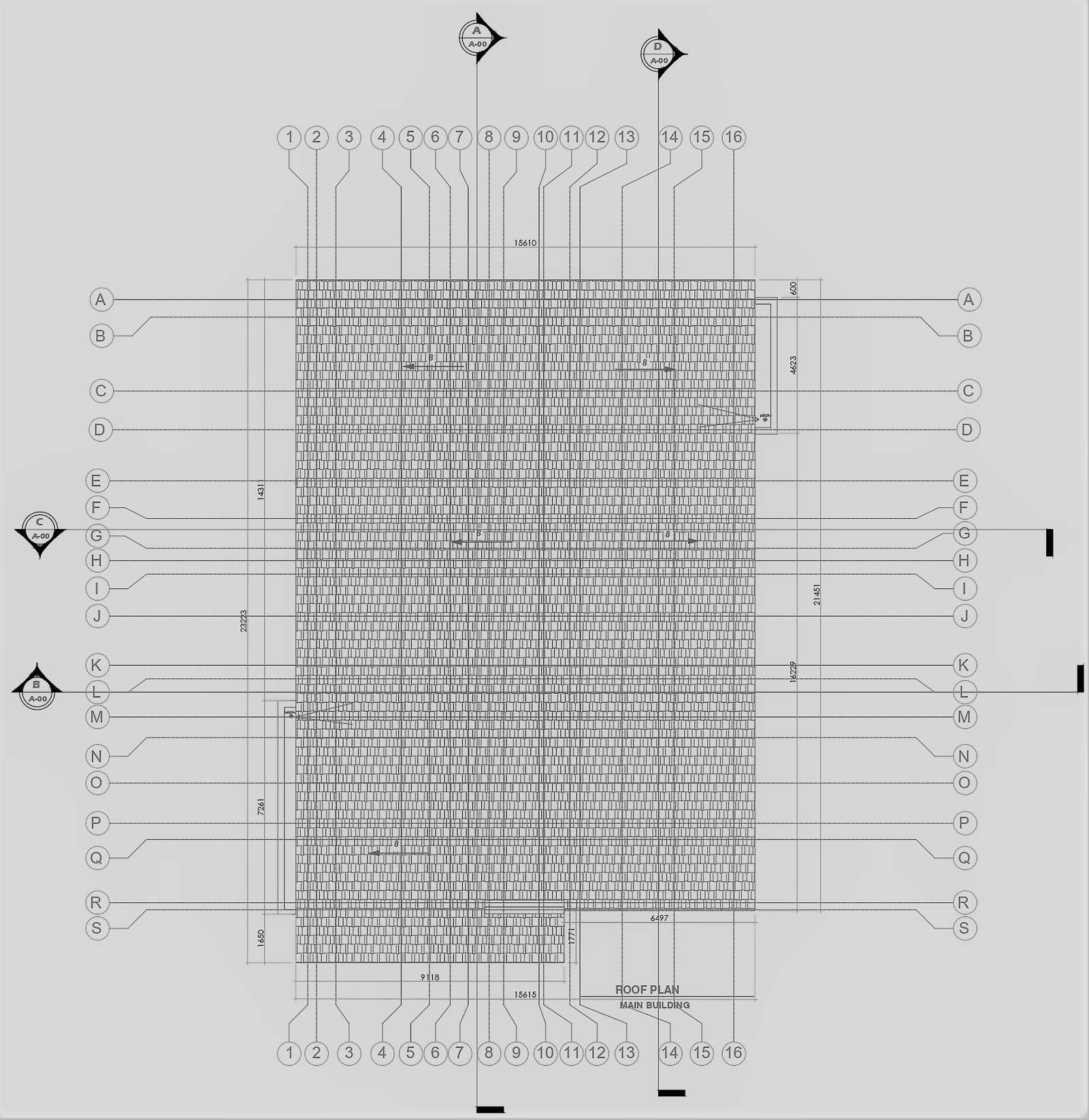 Roof plan of main building detail with center line and dimension detail ...