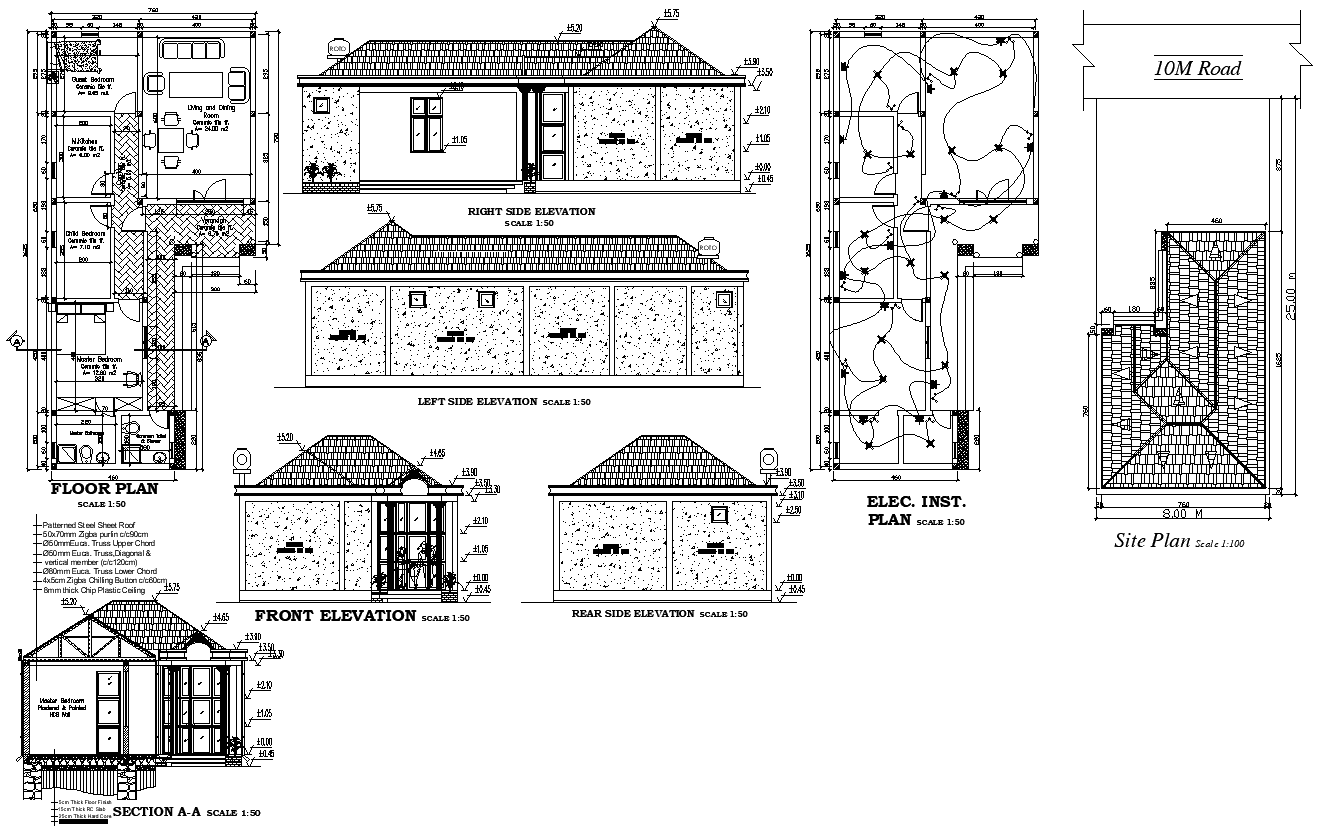 Roof Type House Plan Elevation And Section Dwg Autocad File - Cadbull