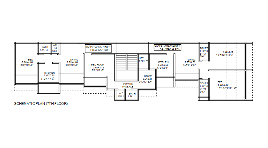 Schematic floor plan of 7th floor of commercial building in AutoCAD 2D ...