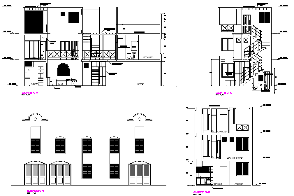 Section and elevation single family home plan autocad file - Cadbull