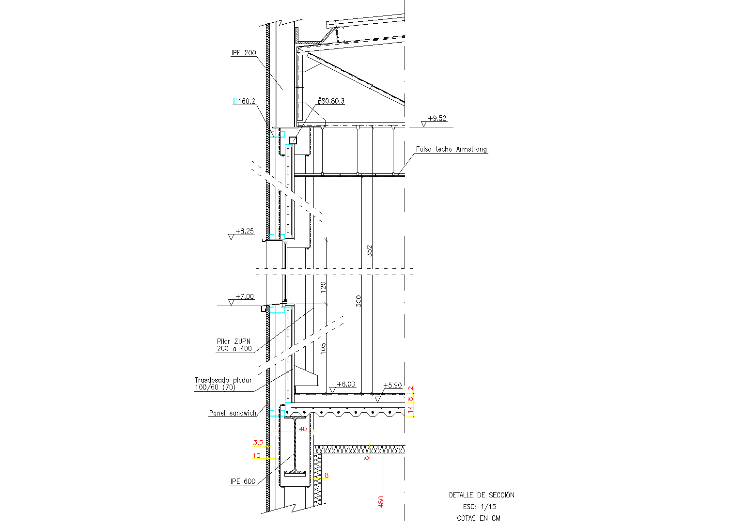 Section façade in frozen place plan detail dwg. - Cadbull