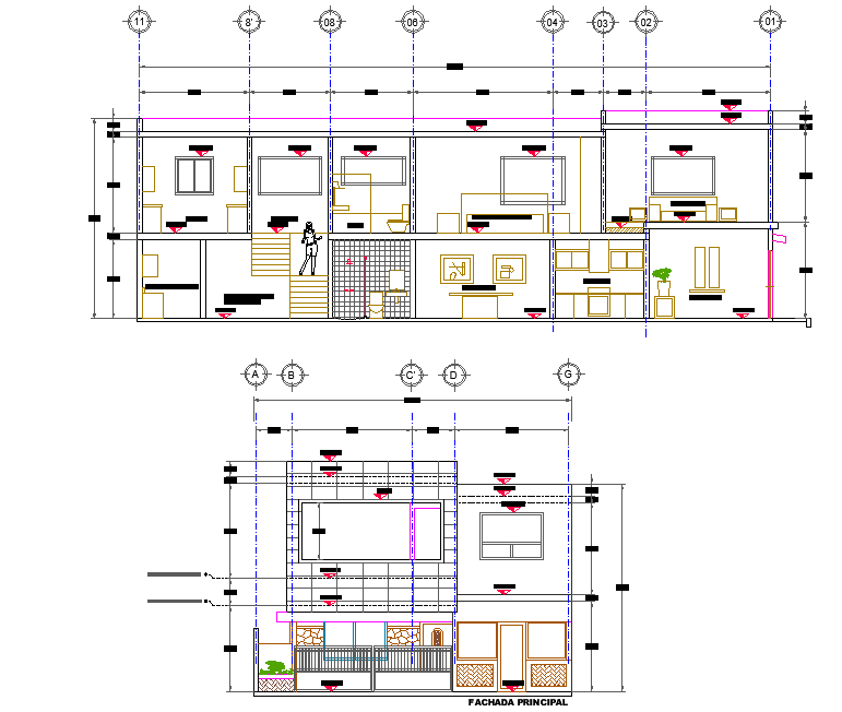 Section house working plan autocad file - Cadbull