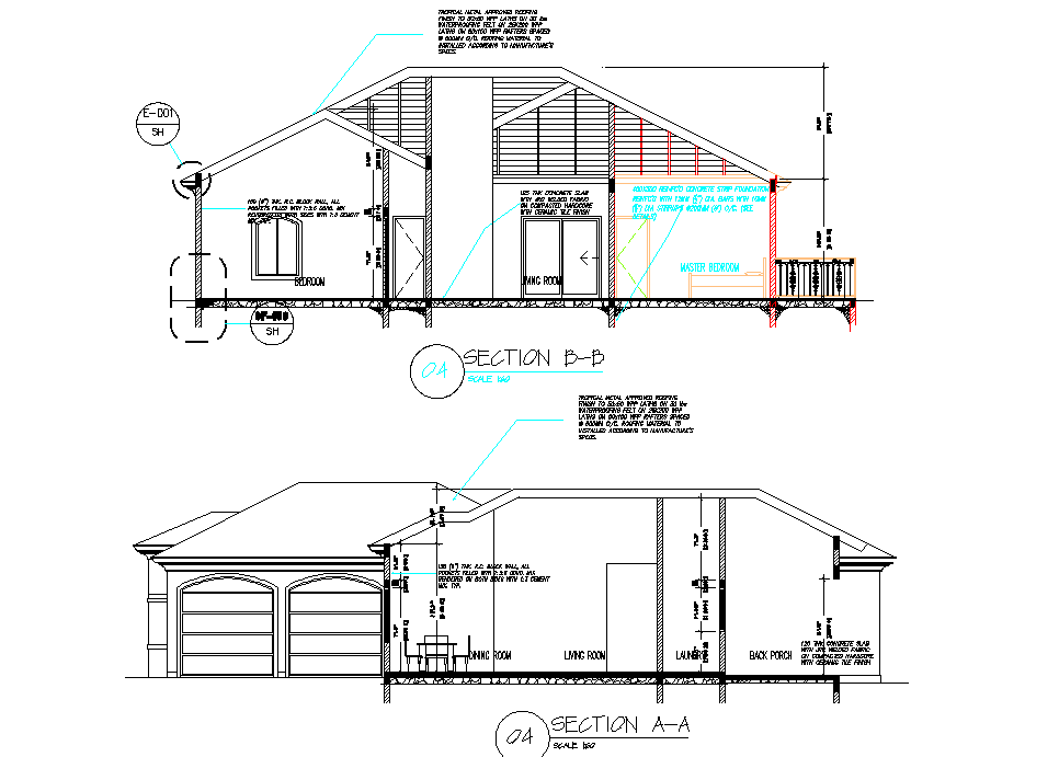 Section residential dwelling 3 bedroom autocad file - Cadbull