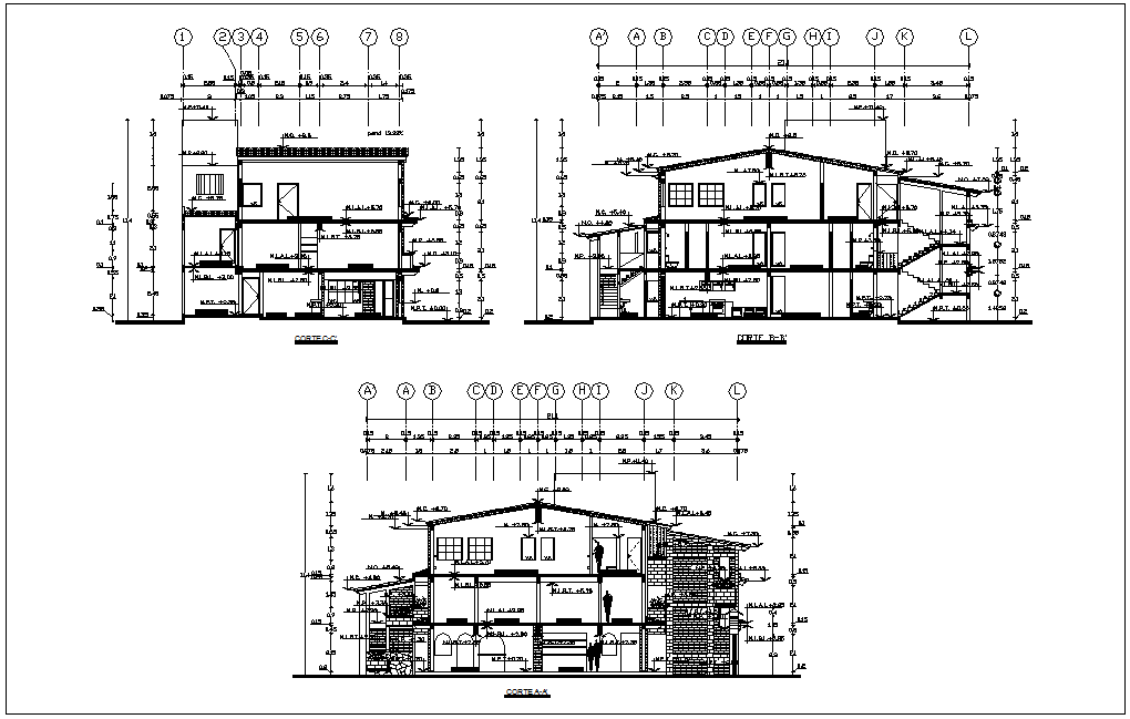 Section with different axis view for house building dwg file - Cadbull