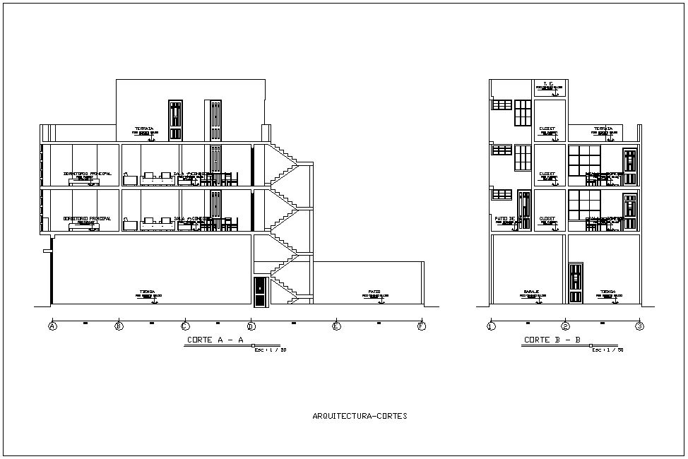 Section with different axis view for house building for fourth level ...