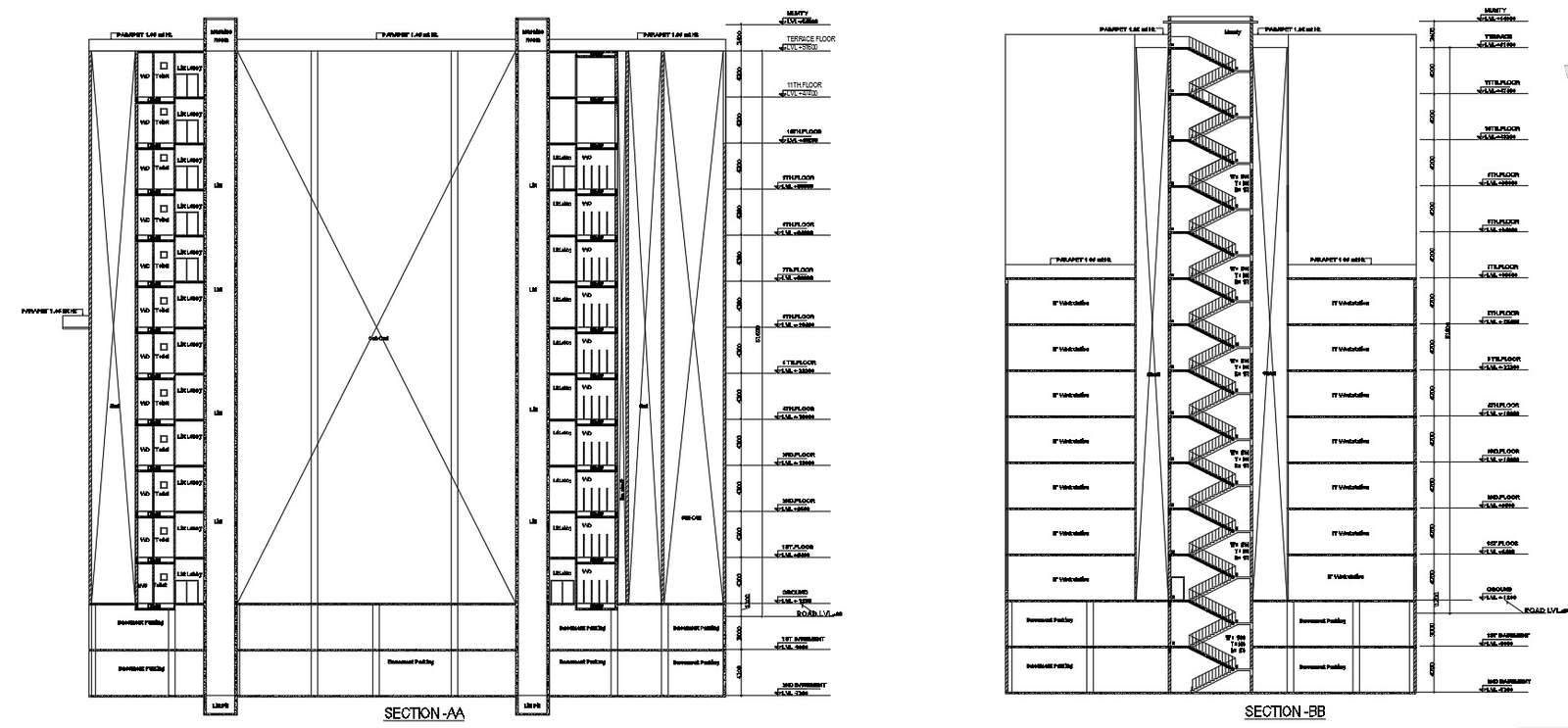 Section AA And Section BB Of High Rise Building In AutoCAD 2D Drawing ...