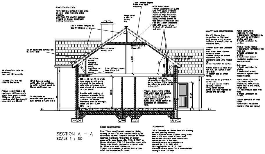 Section A-A of house with their structural details in AutoCAD 2D ...