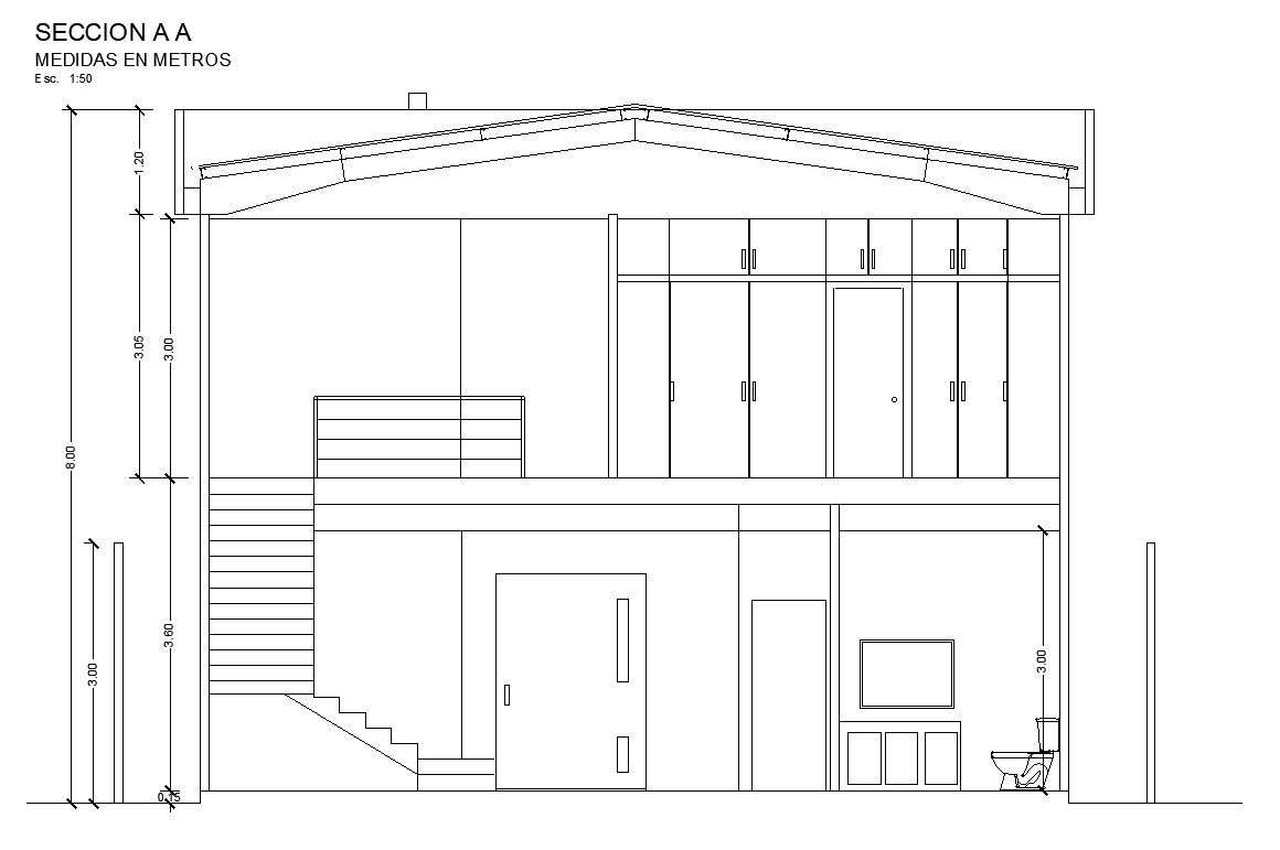 Section A-A of the house with dimension and details in AutoCAD 2D ...