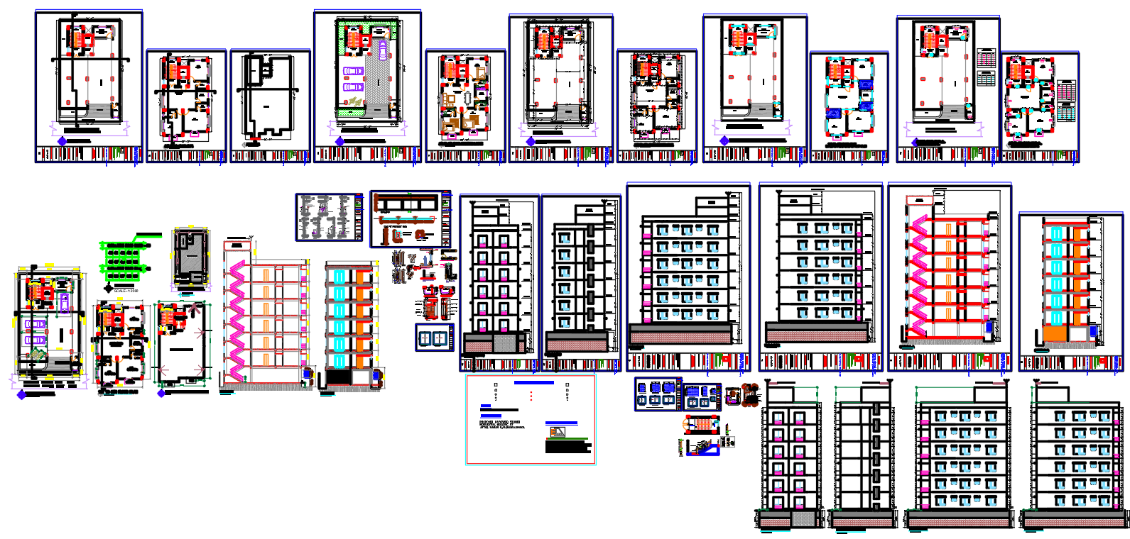 Section Elevation And Floor Layout Plan Details For High Rise Residential Building In Dwg File