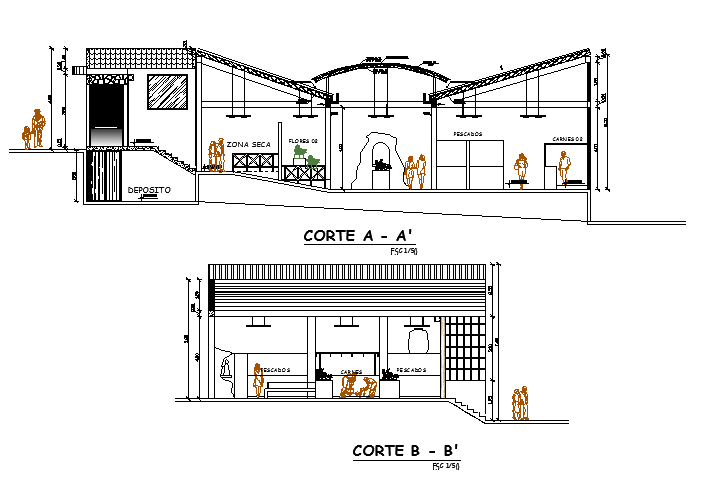 Sectional detail and elevation of a building dwg file - Cadbull