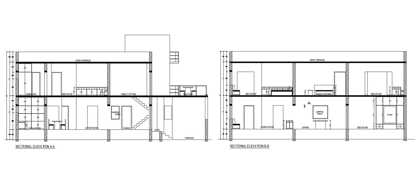 Sectional elevation drawing of 2 storey house in dwg file - Cadbull