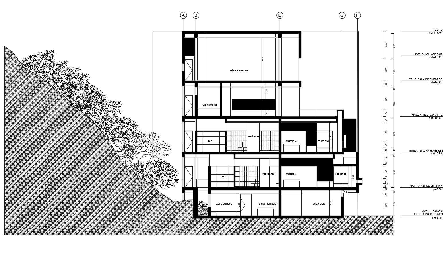 Sectional elevation of a commercial building in dwg file 