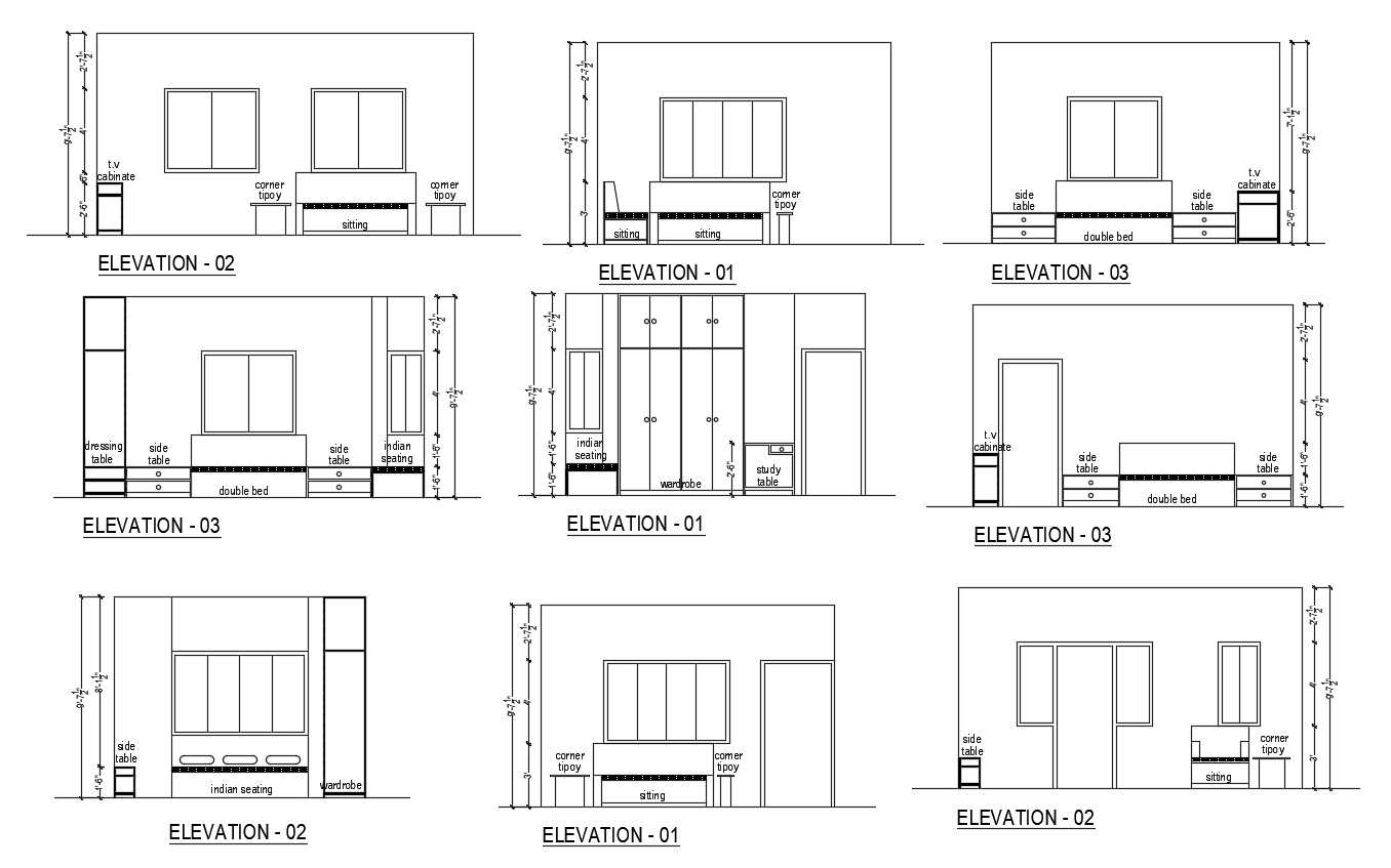 Sectional elevation of bedroom in autocad - Cadbull