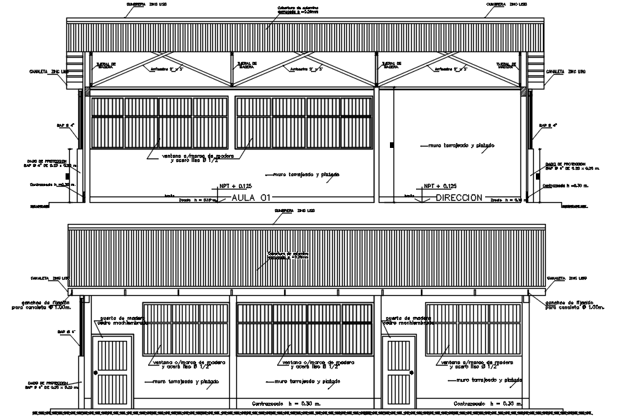 Sectional elevations of bunglow in dwg file - Cadbull