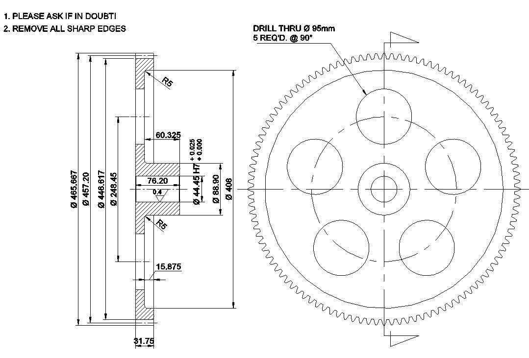 Sectional details of the Spur Gear 108T P6 (Idler gear
