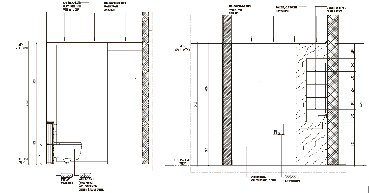 Sectional elevation detail of bathroom in scale DWG AutoCAD drawing ...