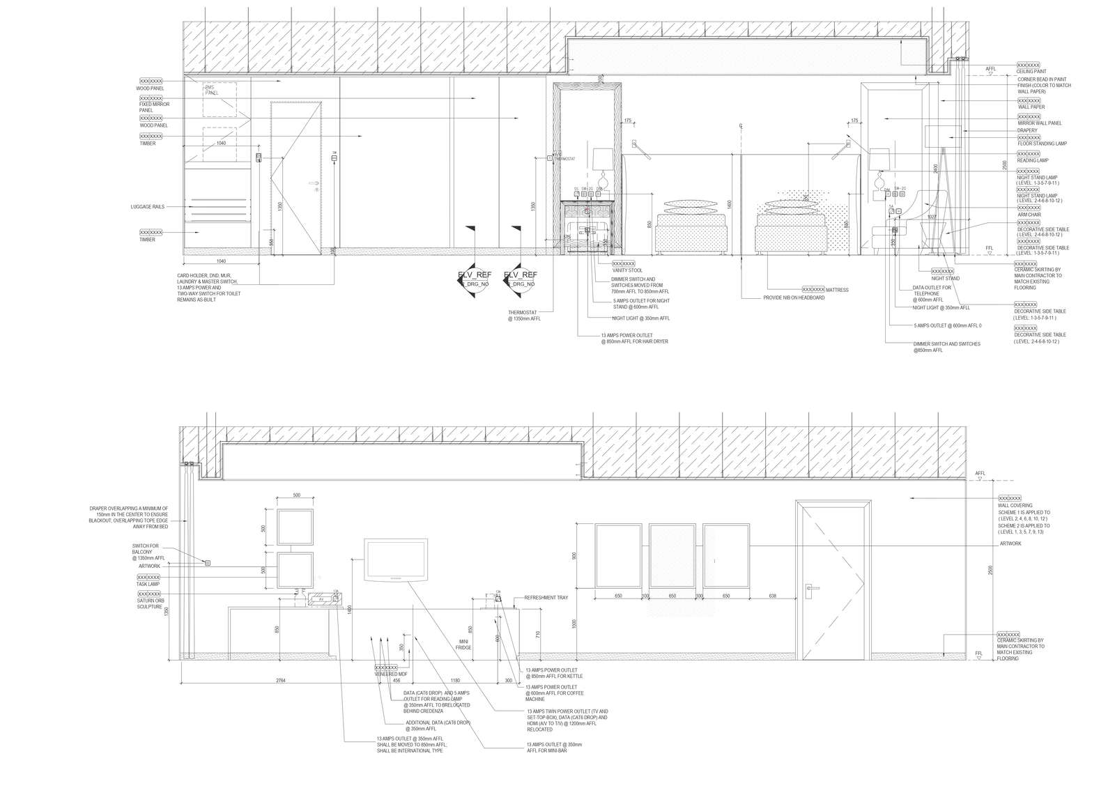 Sectional elevation detail of bedroom and mini bar area in specious ...