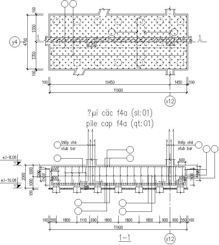 Sectional plan and elevation of Stub column and pile cap. - Cadbull