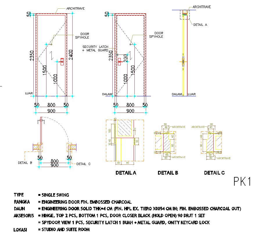 Section and elevation of 900×2400 sized single swing door design are ...