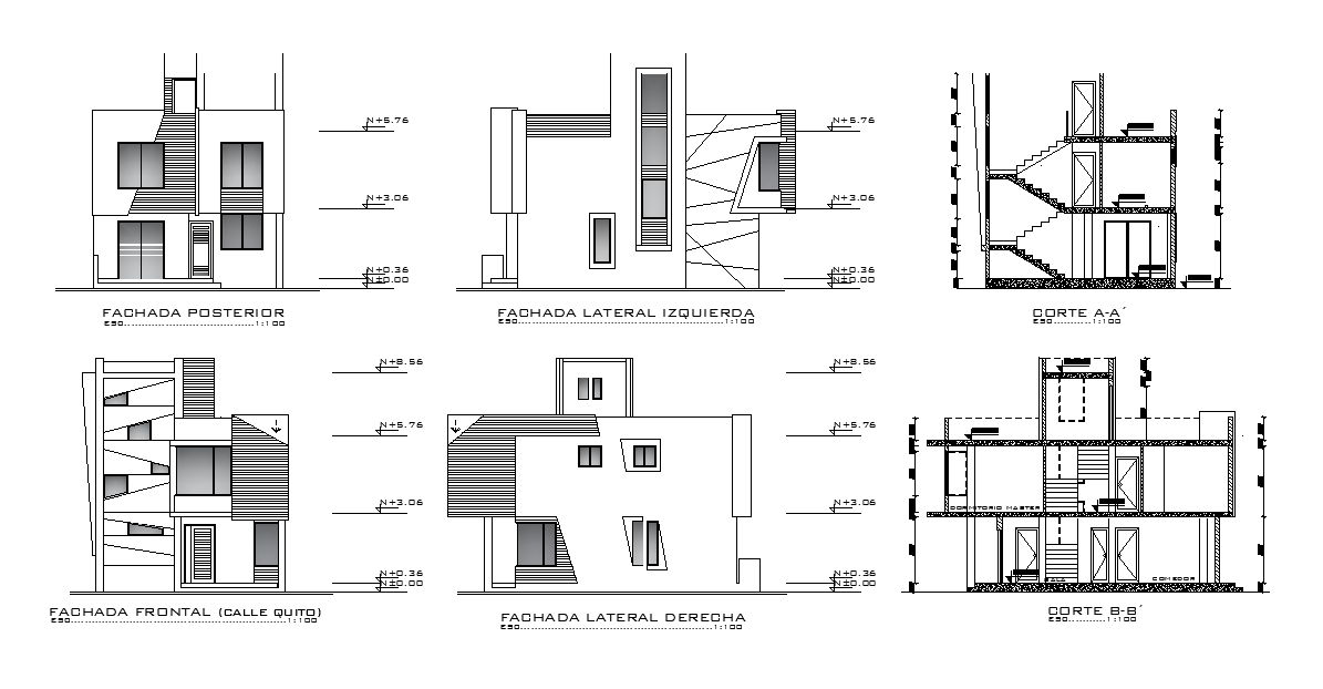 Section And Left Side Fachada Details Of The Residential Building Is