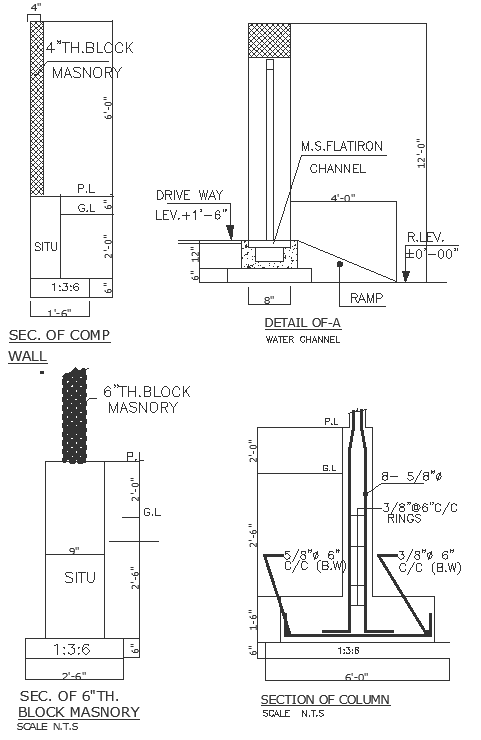 Section detail of block masonry column and water chanel DWG autoCAD ...