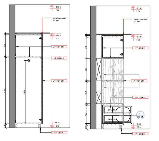 Section detail of the wardrobe with detailed side elevation shown in ...