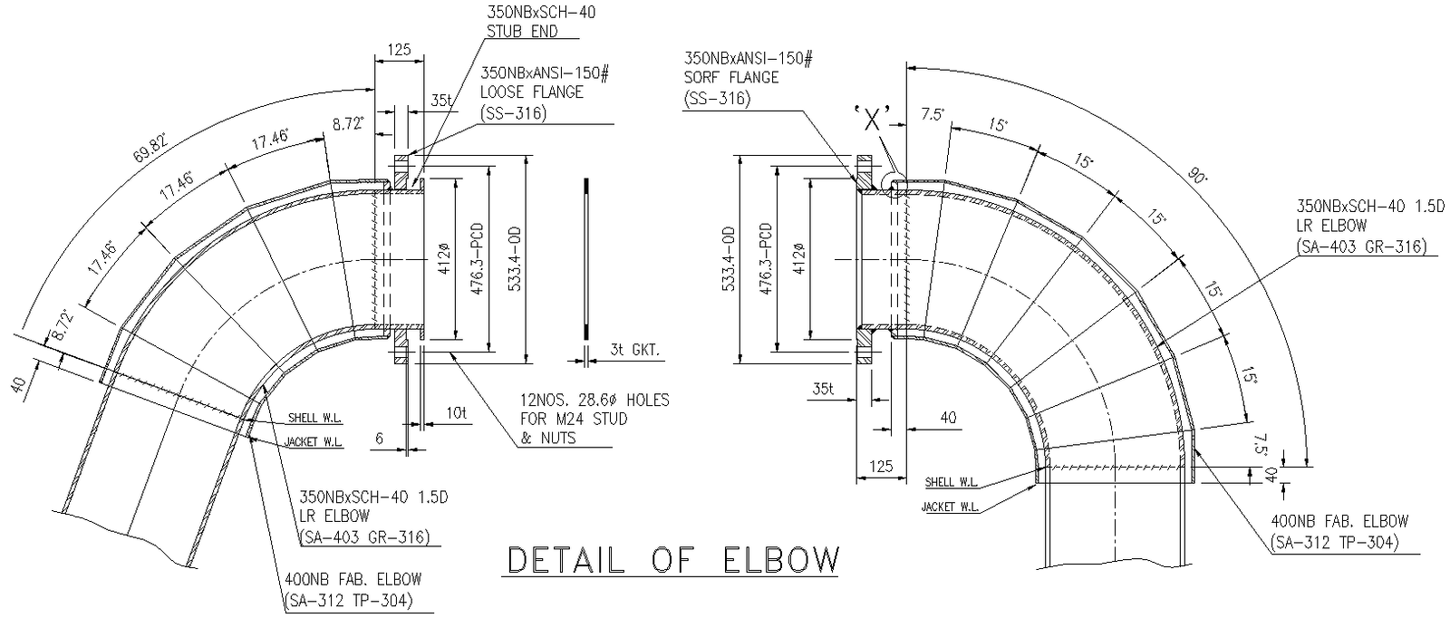 Section of Elbow of a jacketed type double pipe heat exchanger Detail ...