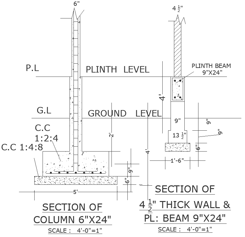 Section of thick wall and plinth beam with column section detail dwg ...