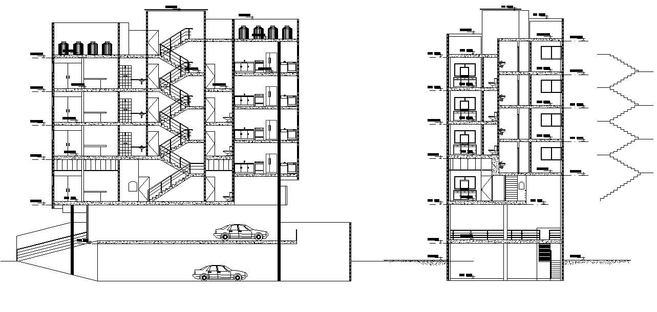 Section view of 30x10m apartment building plan is given in this Autocad ...