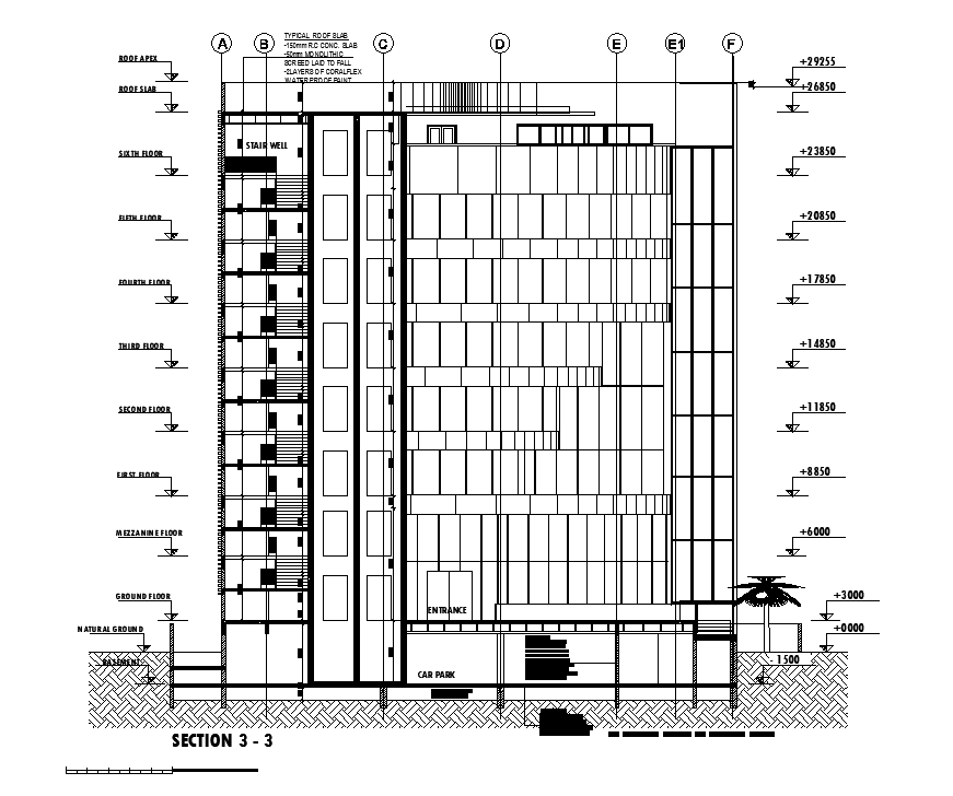 Section view of the apartment building is presented in this Autocad ...