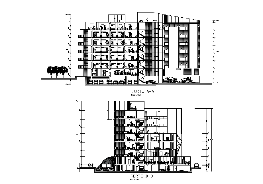 Section view of the hotel building is given in this Autocad drawing ...