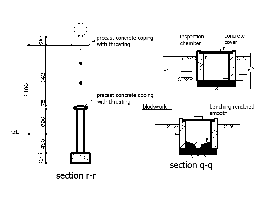 Septic tank pile line section view is given in this Autocad drawing ...