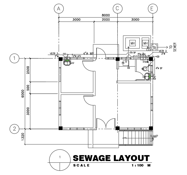 Sewage layout of 9x9m hospital building is given in this Autocad ...