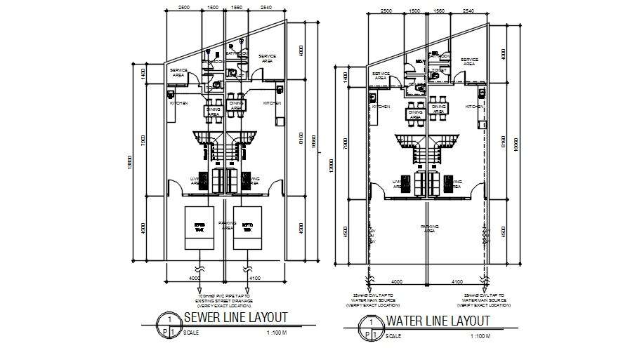 Sewer and water line layout of the house  plan  details are 