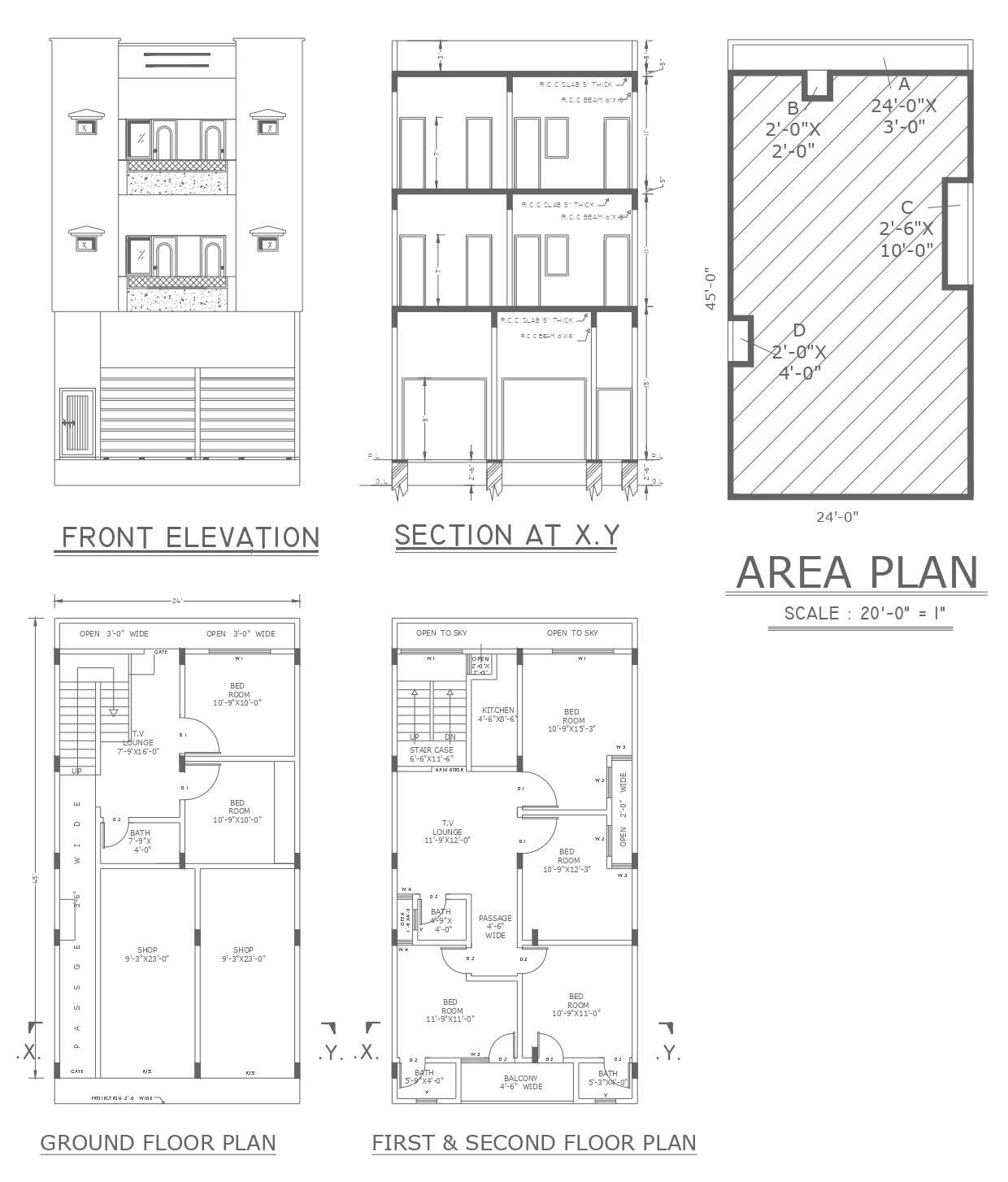 Shophouse design with two shops and house on first floor detail dwg ...