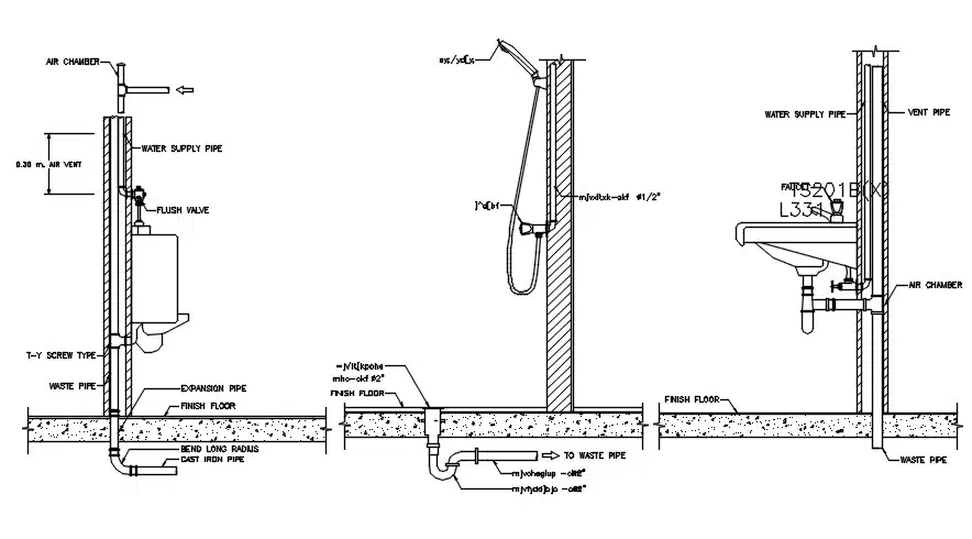 Shower and washbasin pipe connection sectional details are given in ...