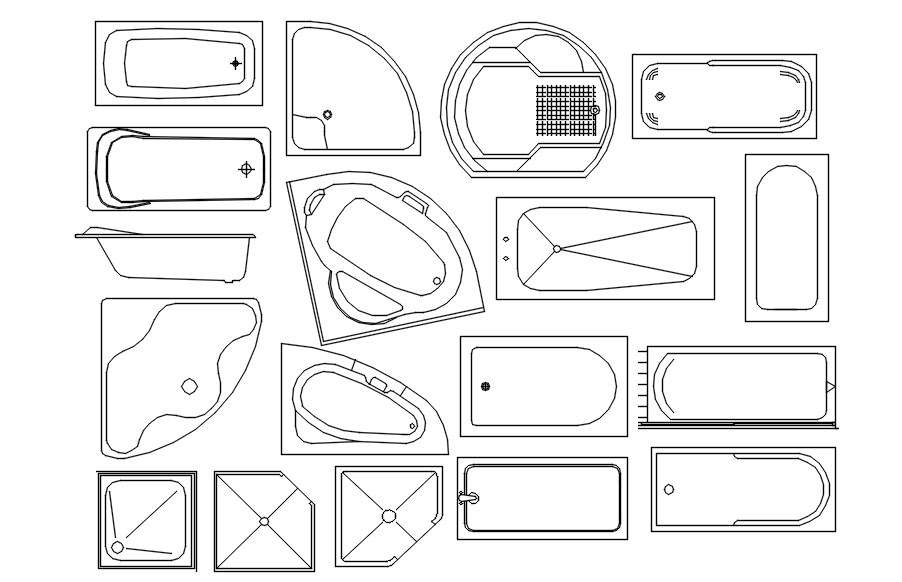 Shower area, bathtub and jacuzzi cad blocks in AutoCAD, dwg file. Cadbull