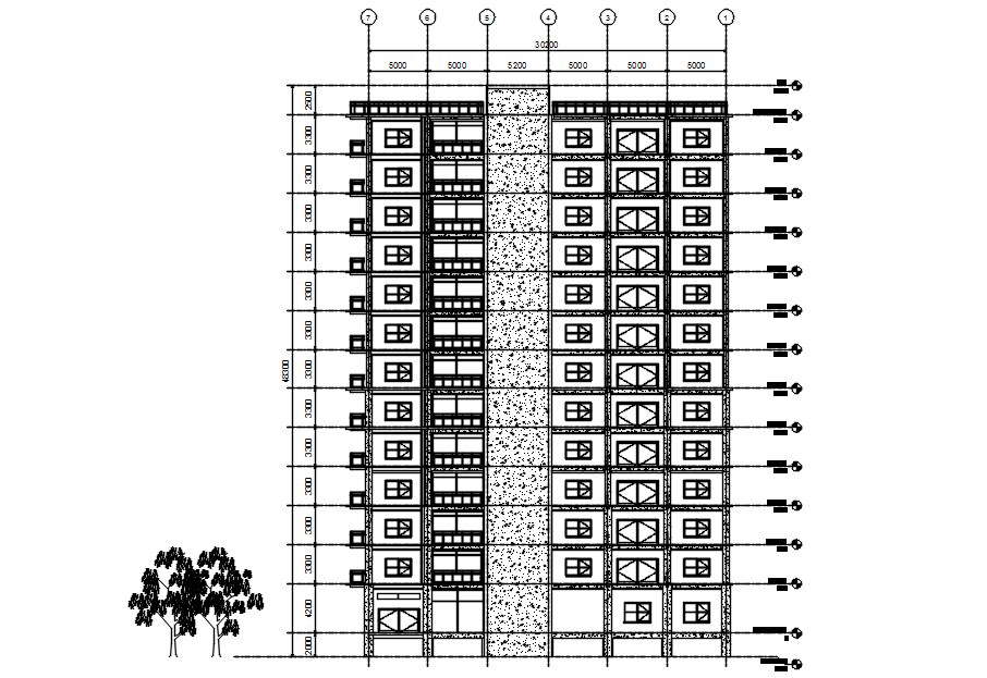 Side elevation of multistorey building in AutoCAD 2D drawing, dwg file ...