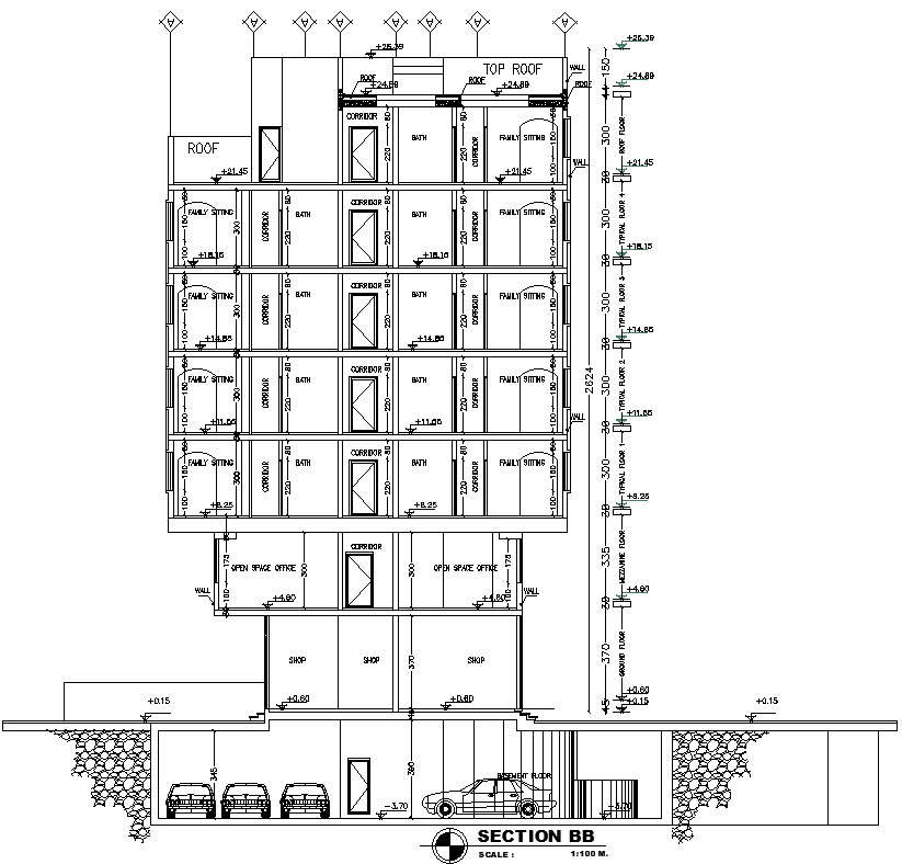 Side Sectional Elevation Of A House Building In Autocad Dwg File Cadbull