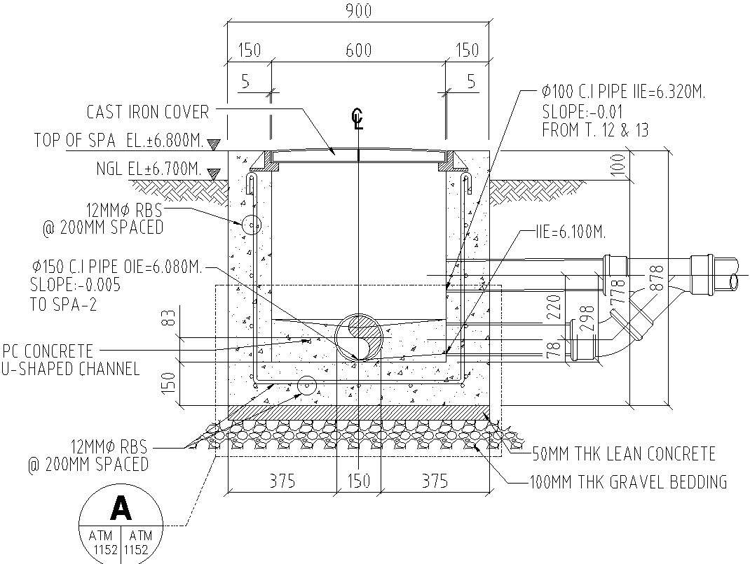 Side section of manhole with detail AutoCAD drawing - Cadbull