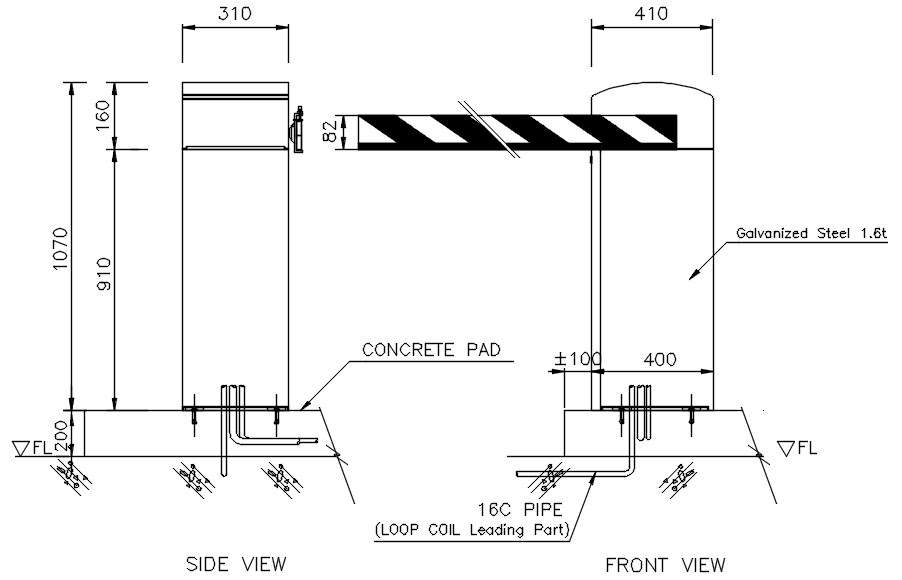 Side View And Front View Of Stop Barrier In Detail AutoCAD Drawing Dwg 