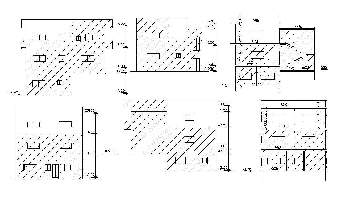 Simple elevations And Sections of Bungalow Design Cad Drawing - Cadbull