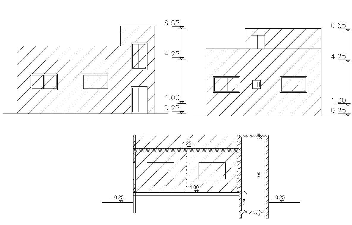 Single Floor Elevations And Section AutoCAD Drawing - Cadbull